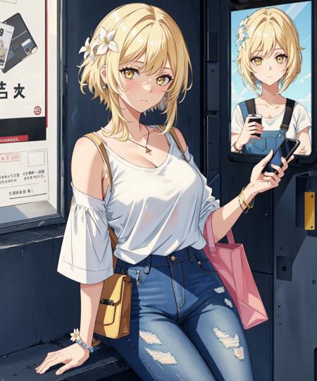 1girl, lumine, backpack, bag, bangs, flower, blonde_hair, blush, bracelet, breasts, cellphone, cup, day, denim, handbag, jeans, jewelry, looking_at_viewer, closed_mouth, pants, phone, poster_\(object\), yellow_eyes, shirt, short_hair, short_sleeves, shoulder_bag, sidelocks, sitting, smartphone, solo_focus, watch, white_shirt, wristwatch, <lora:Lumine v3.0.3+:1>, detailed eyes