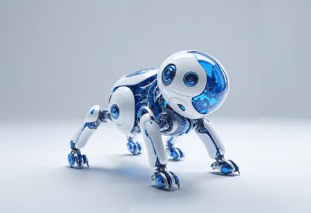 A robotic pet companion with AI intelligence in chromatic blue and polished white, in the style of ray tracing, photorealistic detail, delicate constructions, organic nature-inspired forms, delicate sculptures, fluid, concept art, close-up shots