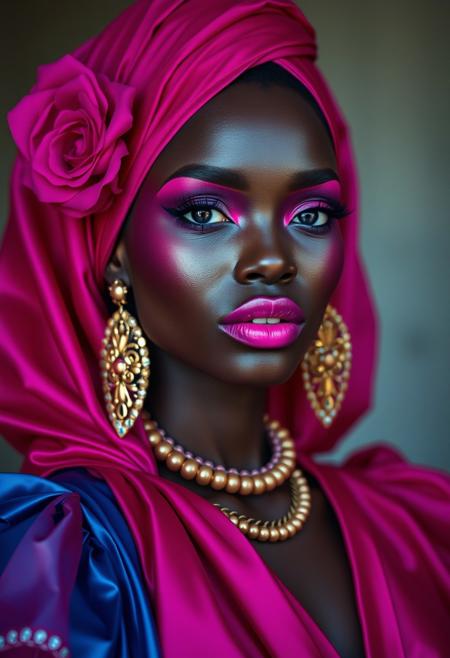 Super High-Fashion-Fotografie einer dunkelhäutigen melanin Königin mit aufwendigem Make up und Kleidung in Ocker, Fuchsia und blau, vertikal und in Nahaufnahme mit einem 35-mm-Weitwinkelobjektiv aufgenommen, Vintage-Stimmung mit Kodak-Goldfilm für Farbabzüge, traditionelle Modefotografie, physische Welt hyperrealistisch, ultrarealistisch, Ambient Occlusion, globale Beleuchtung, Modekonzeptfotografie