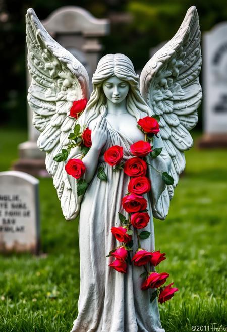 (masterpiece), best quality, expressive eyes, perfect face, vibrant color,
(((Large breasts))),((cleavage)),
A stone statue of a serene angel with outstretched wings stands in a grassy cemetery. The angel is depicted with long hair and clasped hands in a praying position. Adorning the statue is a garland of bright red roses intertwined with green leaves, enhancing its grace and beauty. In the background, blurred gravestones are visible, suggesting a tranquil resting place.