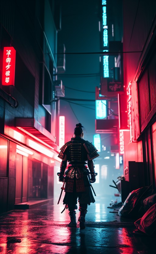 glamour shot of samurai, the Cyberpunk samurai, surrounded by city neon lighting, realistic, realistic, morbide, dark, ver...