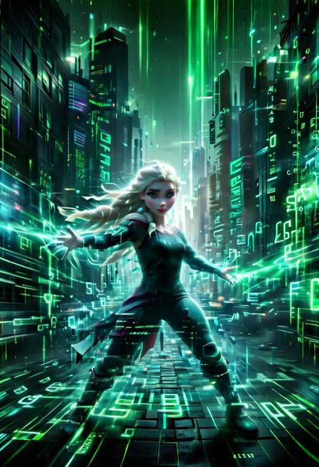 (digital, cyber style text) Elsa In a futuristic, digital world, Elsa stands in a fighting stance, with a cascade of green code falling in the background. Surrounding him are the iconic urban elements of the Matrix, including skyscrapers and dark alleyways. The scene is photographed from a dynamic angle, highlighting the realism of the digital effects and Elsa's intense focus. The lighting emphasizes the contrast between the dark, shadowy environment and the glowing green code, creating a thrilling and otherworldly atmosphere. 
 <lora:aidmaGlitchStyle-v0.1:0.75> glitch, flickering, digital, glitching
 <lora:SDXLFaeTastic2400:0.35>
 <lora:aidma-Image Upgrader-v0.1:0.4>