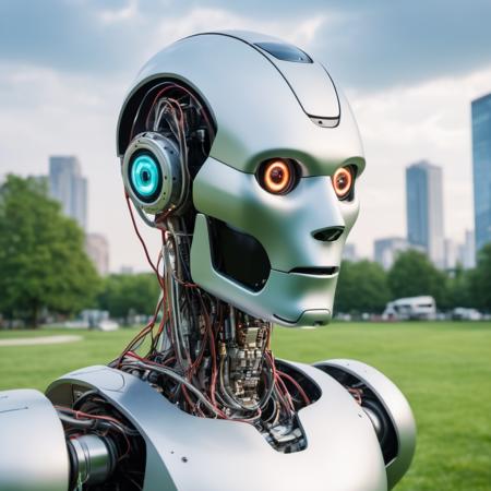(masterpiece:2), (best quality: 2), (ultra-detailed:1.5), photo of an human robot with inside cables and gears visible, in a park on the grass, head shot, cloudy futuristic city with flying cars in background, summer trees, shadow play, eye level