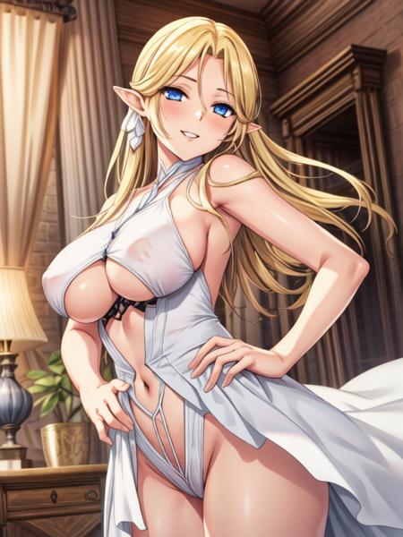 brest,blonde hair,blue eyes,pointy ears, white dress, see-through, leotard, highlights eye,