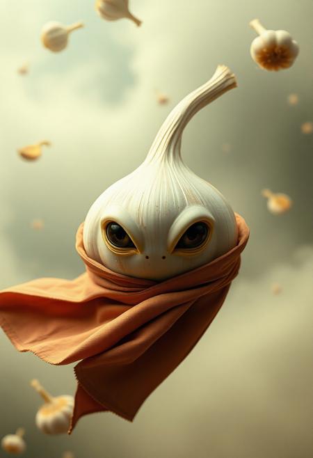 Imagine an alien-like garlic bulb, floating in a swirling, surreal fog, with a windswept cloak billowing around it. Its gaze is direct and intense, set against the backdrop of looping, swirling garlic imagery. The scene has an award-winning photographic quality, with extremely intricate and high-resolution details. Shot with the nostalgic feel of a 35mm camera, the image has a grainy, vintage look, accentuated by a vignette, as if captured on Kodachrome film, evoking a touch of Lomography’s dreamlike aesthetic.