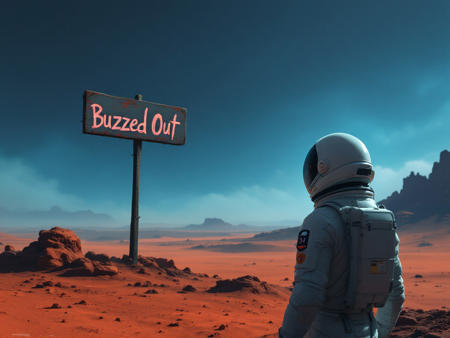 Astronaut in Mars desert and a sign saying "Buzzed Out", cinematic landscape with fog, astronaut looking to the distance