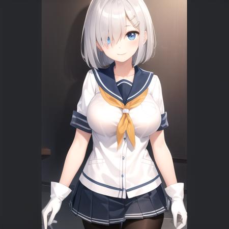 ((masterpiece)),(best quality),official art,extremely detailed CG,unity 8k wallpaper,ultra detailed,1girl,solo,cowboy shot,school_uniform,white serafuku,hairclip,blue_eyes,short_hair,hair_ornament,hair_over_one_eye,grey_hair,white_gloves,black_pantyhose,short_sleeves,smile,pleated_skirt,large_breasts,looking_at_viewer,<lora:Hamakaze(kan)>,