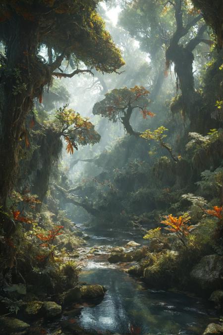 a realistic dense, prehistoric jungle teeming with life, where towering trees with gnarled trunks and oversized leaves create a lush canopy overhead. Shafts of sunlight illuminate patches of colourful plants and lichen. Strange creatures can be seen flitting between the branches. A stream winds through the jungle, its waters reflecting the rich vibrant colours of this amazing jungle 