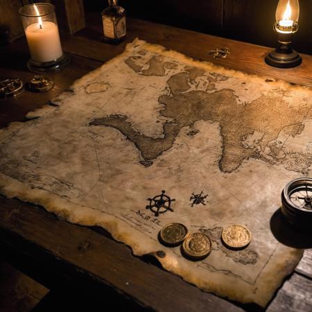 A realistic photo of a well-used pirate's map, spread out on a rough wooden table in the ship's dimly lit cabin. The map, with its faded ink and frayed edges, is weighed down by a small, rusted sextant, and in the background, a flickering candle casts a warm glow, bringing out the intricate details of the map and the aged wood texture of the table. On the table there are some gold coins and a bottle of rum