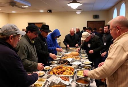 A delicious, decadent, thanksgiving dinner being served to homeless people in a church basement.