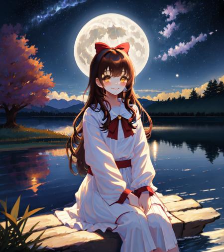 masterpiece, absurdres, best quality, 1girl, solo, moon, night, long hair, brown hair, sky, sitting on floor, full moon, outdoors, tree, red bow, looking at viewer, night sky, hair bow, bangs, lake, long sleeves, blush, red ribbon, water, closed mouth, skirt, star (sky), white skirt, dress, starry sky, hair ribbon, river, long hair, smile, yellow eyes