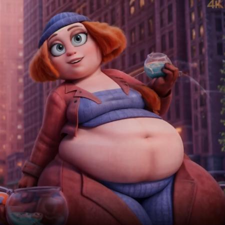 <lora:Janet:1> anatomically correct, masterpiece, best high quality, ultra details, realistic, RAW Photo, perfect anatomy, 4k, 8k, quality lighting, detailed hands, detailed eyes, solo, obese woman, Janet, orange overall outfit, orange hair, blue beanie, white skin, holding a fish bowl <lora:BGV5EX:1> <lora:add_detail:1>