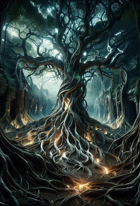 a massive ancient tree with glowing roots emerging from a sacred ground, roots forming mystical symbols, ethereal light surrounding, fantasy landscape, epic perspective, hyperdetailed, cinematic lighting, atmospheric depth, wide-angle view, ultra realistic, morph-treeroots
<lora:TreeRoots_SDXL:1.0>