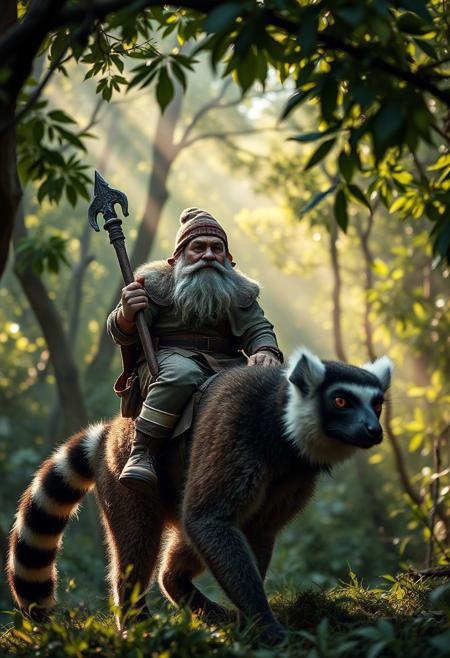 (masterpiece hyperrealisitic, medium format photography, muted colors, soft focus,  accurate proportions,  high quality, detailing, textures)  A grumpy, seasoned armored gnome ranger riding a Ring-Tailed Lemur  verdant lush forest, sunbeams