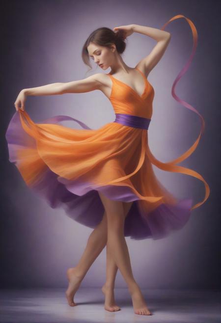 An abstract dancer mid-motion, their flowing costume made of swirling orange and purple ribbons that blend into the background with painterly texture. Emotional, kinetic energy. Style inspired by Lois van Baarle, Leonid Afremov, and Henri Matisse.