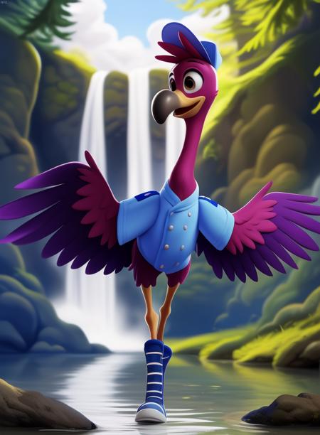 FreddyTinOneTra, flamingo, bird, arms wings, brown eyes, yellow legs, yellow colyuv, coral pink, blue shirt, gray buttons, high-top dark blue sneakers, light blue cap,