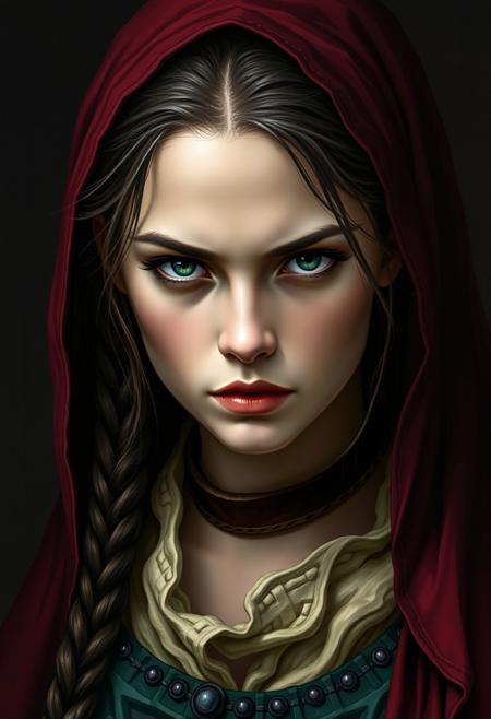 A highly detailed digital portrait of a young woman embodying the intensity of a heretical Christian figure. She has an intense, defiant gaze, conveying both conviction and inner strength. Her clothing reflects medieval or Renaissance Christian symbols but with subtle deviations to suggest her outsider status—symbols of rebellion or forbidden knowledge subtly integrated. The color palette is a bold triad of deep garnet, rich green, and soft yellow, creating a striking contrast against darker, shadowed surroundings. Her expression is both serene and intense, capturing a quiet defiance and a deep spirituality that challenges orthodox beliefs.
