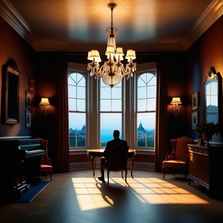 Ultra realistic color pencil  image of
a window looking in on a living room, where the silhouette of a man sitting on a chair, under a chandelier can be seen. The window is broken up into smaller windows by muntins.
BREAK
Dark theme, dynamic lighting, (soft shadows), (soft focus), (photo realistic), uhd, 8k