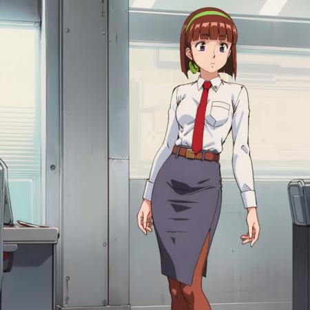 Naoko,1girl,bob cut,brown hair,freckles, green hairband, white collared shirt,red tie, belt,pencil skirt, pantyhose,