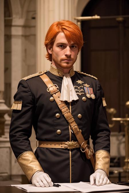 a closeup photo of a man with orange hair, looking at the viewer quizzically <lora:FerdinandvonAegir:0.7> ferdinandvonaegir, garreg mach monastery uniform