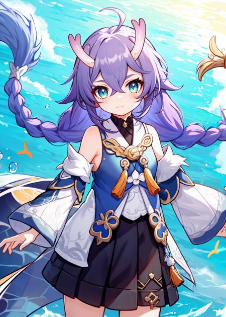 1girl, bailu \(Honkai Star Rail\),  stand, solo, purple hair, plaits, closed mouth, long hair,  green eyes, dragon horns, detached sleeves, cute, clothes, braids, yellow tassels, blue and white clothes, black skirt, bare legs, blue background, ocean, masterpiece, best quality,  water, detail,  <lyco:bailuv2:0.7>, woolen skirt,, masterpiece, best quality,