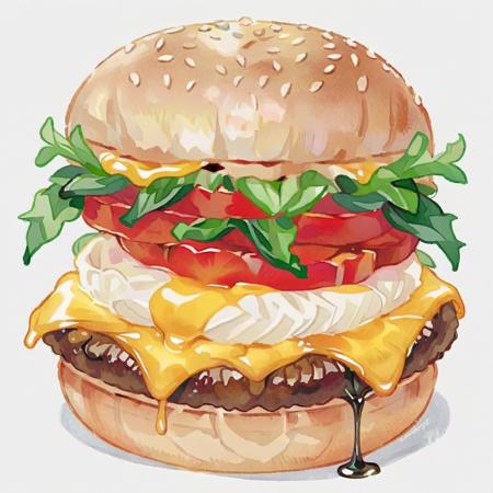 Create an image of a juicy cheeseburger, rich in detail and color, depicted in a watercolor style. The burger should feature a succulent beef patty, oozing with melted cheese, crisp lettuce, ripe tomatoes, and glistening sauce, all sandwiched between a soft, sesame-seeded bun. The watercolor effect should enhance the juiciness and vibrancy of the ingredients, with the colors blending slightly, yet maintaining clarity and depth, <lora:waterdrawfd:0.85>