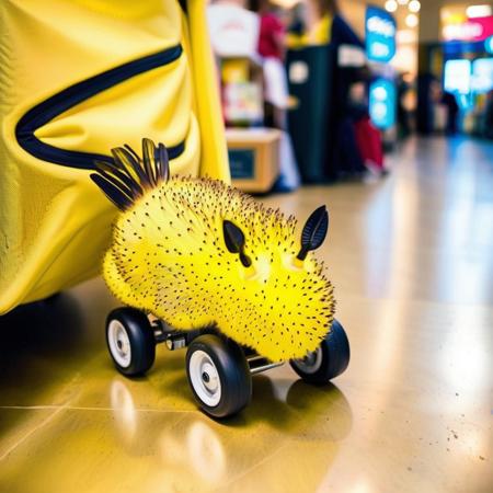 yellow jorunna inide of  a stroller at the mall,  it is inside<lora:seabnuuyXL-000045:0.9>