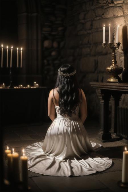 RAW photo, 8k uhd, dslr, high quality, ultra-realistic, realistic, realism, film grain, Fujifilm XT3.
View from behind, dark gothic-room lit by candles•ancient stone alter•golden chalice•blood spilling out.
1woman wearing a (satin white dress)•voluptuous body•kneeling•worshiping