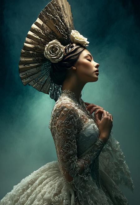 This is a highly detailed, surreal photograph with a dramatic, ethereal quality, reminiscent of high-art fashion photography. The subject is a woman standing in profile, dressed in an elaborate, ornate gown adorned with intricate floral patterns. The dress is predominantly white, covered in large, stylized roses that appear almost sculptural, adding a three-dimensional texture to the fabric. The gown's sleeves are long and fitted, with intricate lace and embroidery details. The woman's head is crowned with an enormous, flowing, scalloped headdress made of the same white material, resembling a giant, stylized flower or a fan, which adds to the surreal, fantastical atmosphere of the image.
The woman's face is serene, with a closed eyes and slightly parted lips, giving an enigmatic, almost statuesque appearance. Her skin tone is a warm, rich brown, contrasting beautifully with the cool, ethereal tones of the gown and headdress. The background fades from a deep, dark blue to a light, misty green, creating a gradient effect that enhances the ethereal quality of the image. The lighting is soft and diffused, casting a soft glow over the scene, with a slight golden undertone that adds warmth and depth.