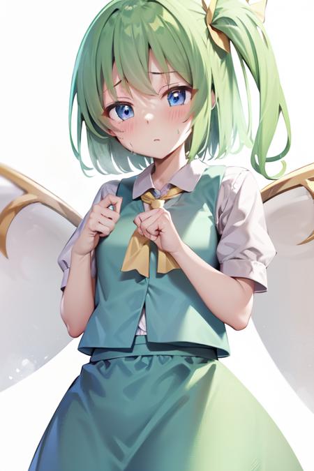 daiyousei green hair short hair side ponytail yellow ribbon blue vest yellow ascot white shirt puffy short sleeves blue skirt fairy wings