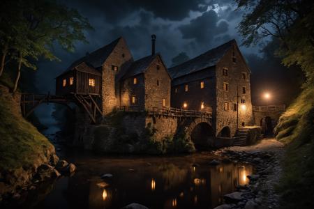 Horror-themed , a small river flows through a narrow stony gorge with steep slopes. a small medieval wooden watermill stands on the riverbank, candlelights illuminate a small path leading to the mill, (darkness:4.0),
midnight, mist rolls in, dark smoke rises from the chimney, in the thick fog, wafts of mist, a swarm of crows flying in the sky, spooky, scary, horror, mystical, creepy,dark,  <lora:add-detail-xl:1.8>,
Ultra-HD-details, true to life, HDR image,High detail resolution, high detailed, realistic,sharp focus,(very detailed),((4K HQ)),depth of field,f/1.2,Leica,8K HDR,High contrast,shadows, bokeh, (8K HDR photo),realistic texture,realistic shadows,accurate to life,living image,lifelike , shallow depth of field, vignette, highly detailed, high budget, bokeh, cinemascope, moody, epic, gorgeous, film grain, grainy, Extremely high-resolution details, photographic, realism pushed to extreme, fine texture, incredibly lifelike,  Eerie, unsettling, dark, spooky, suspenseful, grim, highly detailed . Eerie, unsettling, dark, spooky, suspenseful, grim, highly detailed . Eerie, unsettling, dark, spooky, suspenseful, grim, highly detailed