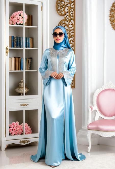 Islamic fashion, elegant blue satin abaya, silver embroidery, hijab, sunglasses on head, pink roses, white furniture, bookshelves, lamp, soft lighting, traditional interior, modest clothing, cultural attire, full-length gown, photoshoot setting, feminine style, ornate details, flowing fabric, studio photography, high-quality image