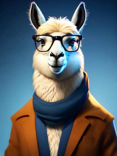 a llama wearing glasses and a scarf, llama anthro portrait, llama portrait, lama, portrait of a llama, lama with dreadlocks, alpaca, llama, wild fluffy llama portrait, llama all the way, nerdy man character portrait, stylized portrait h 1280, professional portrait hd, character portrait closeup, detailed character portrait, realistic maya, award winning creature portrait, glasses, (no humans:1.29), solo, realistic, brown eyes, animal, gradient background, gradient, upper body, looking at viewer, blue background, simple background concept art, cinematic lighting, dark background, art by concept art