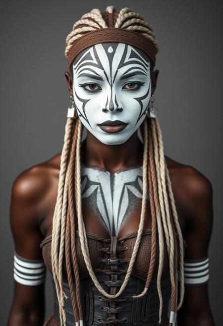 Front view, close up shot of a female african warrior, extremely beautiful, white tribal war paint makeup, tribal corset, long thin braids over her breasts, neutral grey background, photography studio style