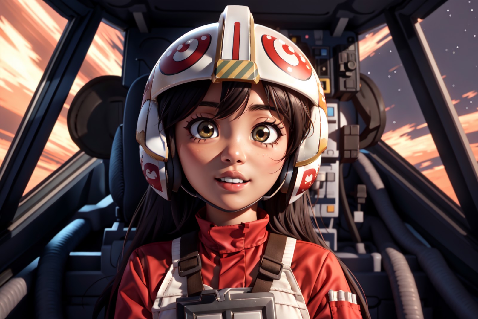cockpit view,young asian woman in rebel pilot suit,long hair,helmet,googles<lora:RPSV3:0.8>