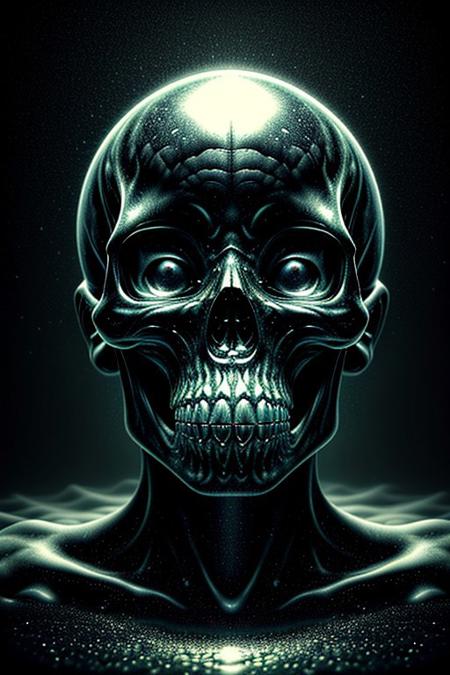 A close-up photorealistic image of a crystal-like floating skull facing dynamic view with its mouth open, pouring from it's mouth a shimmering liquid resembling the universe onto the ground, filled with rich stars and swirling galaxies. A simple void background enhances the dark atmosphere, shrouded in fog, capturing the hypnotic flow and shimmer of the cosmic liquid, from side,