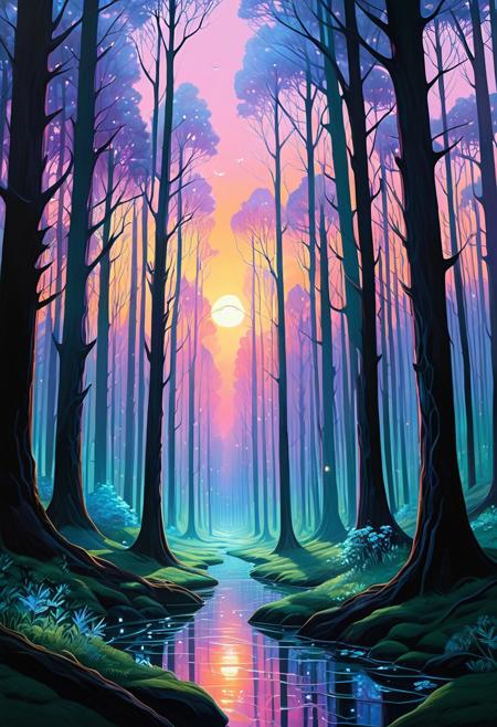 concept art metaphysical style hyperrealistic breathtaking (Imaginative Painting:2) of (In a tranquil valley, a forest of towering crystal trees rises from the iridescent forest floor, their translucent branches shimmering in the gentle breeze. Bioluminescent insects flit between the crystalline branches, casting fleeting shadows on the ground below. As the sun sets, the forest is bathed in a soft, ethereal glow, transforming the landscape into a mesmerizing display of color and light.), <lora:add-detail-xl:1>,(by Artist Sachin Teng:1.3) . award-winning, professional, highly detailed . photorealistic, extreme detail, lifelike, crisp, precise,blurry . surreal, eerie, uncanny, detailed . digital artwork, illustrative, painterly, matte painting, highly detailed