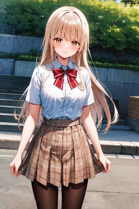 masterpiece, best quality, highres, aamahiru, long hair, red bowtie, white shirt, short sleeves, plaid skirt, brown skirt, pantyhose, <lora:shiina_mahiru_v1:0.7>, standing, cowboy shot, outdoors