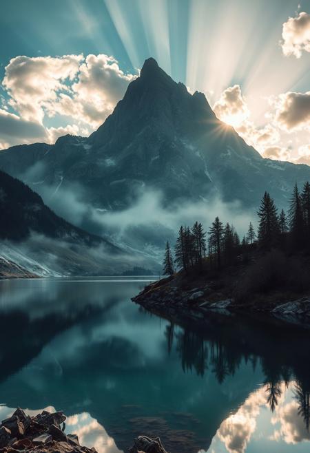 A mountain lake reflecting the sky, the brushwork capturing both serenity and dynamic natural energy,  nuanced composition,Slow shutter speed shot, sharp clarity and depth, gravity-defying architecture, expressive portraiture,god rays, key visual,Vibrant world of creativity, human emotions, tranquil atmosphere