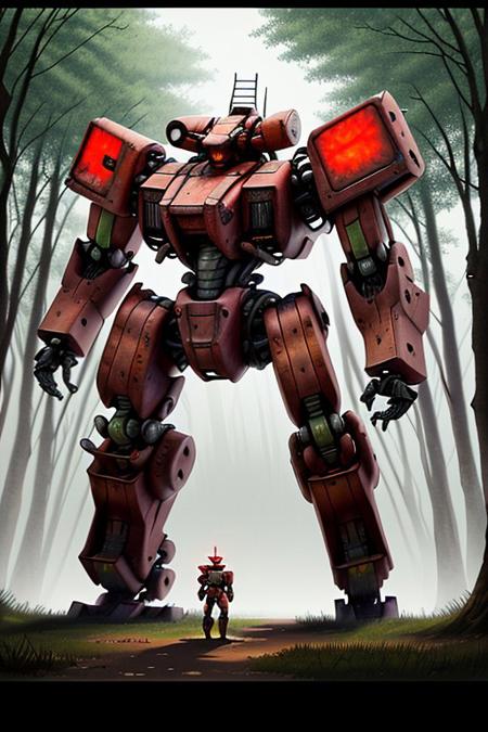 sunny day, forest on background, full view, red lights., mecha. detailed, very big mecha