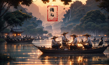 landscape, Guilin, China, iconic symbol of China's natural landscapes, Fishermen casting nets on the Li River with cormorant birds with a Cute girl touch, captured in the evocative style of the soft orange glow of the setting sun. A narrow alley on the right provides a glimpse of a tranquil garden filled with vividly blooming flowers. Ultra HD, 8K, with fine details, bringing the textures of the scene alive. Featuring: Lomography , Extreme wide portrait , 3D rendering , symmetrical composition , UHD , Wide angle lens,
Ink style, A shot with tensiondetailed backgroundDouble exposure,masterpiece, professional artwork, famous artwork,
<lora:~Q?-\ql4nY+:0.8>