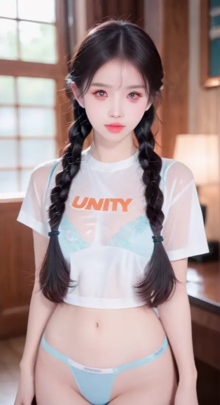 White shirt and see through,blue panties