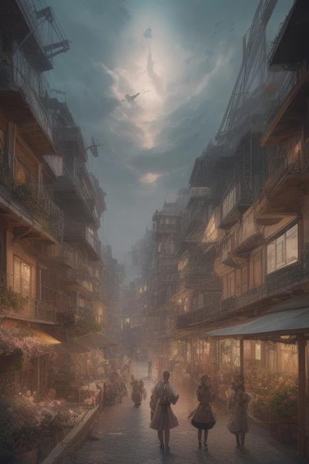 an ornate floating airship garden where Victorian ladies in pastel dresses sip tea surrounded by potted flowers and hovering brass dragonflies,view opens up to reveal an immense gear-filled city below,steam rising between rooftops,glowing signs and rotating cogs creating rhythmic shadows,vibrant lighting with backlit clouds,vivid storybook style,
<lora:aidmaMJ6.1v0.4:0.6>,aidmaMJ6.1,<lora:detailifier_sd3.5:0.8>,detailifier,