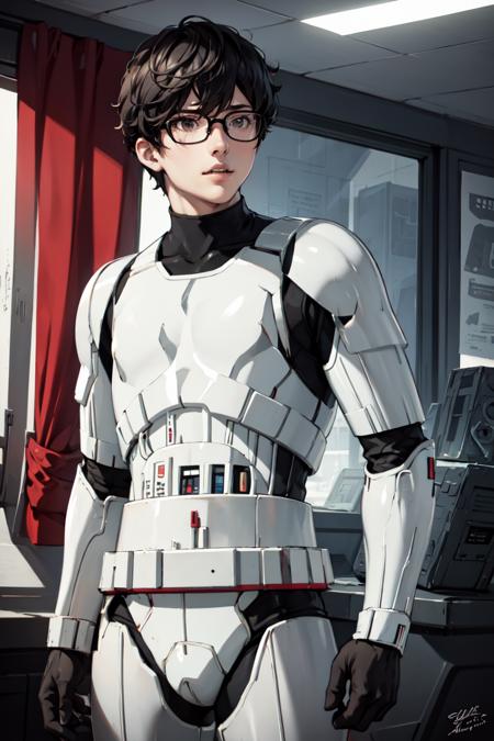 masterpiece, best quality, absurdres, 1boy, solo, StromTrooper, armor, <lora:StormTrooper:1>, <lora:AmamiyaRen:0.8>, AmamiyaRen, glasses