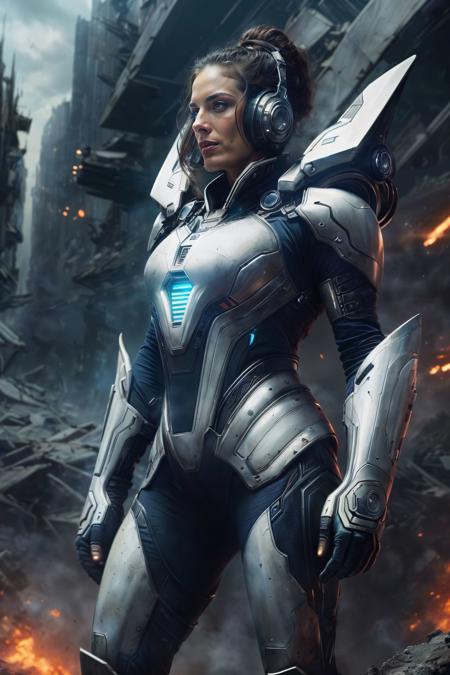 <lora:NeoFuturisticTech:0.6>((beautiful woman)) wearing a neotech armor, sleek, explosive pose, expressionism, movie still, hyper detailed, intricate design, insanely detailed, fine details, scifi, in a destroyed city, frontal illumination, <lora:add_detail:0.6>