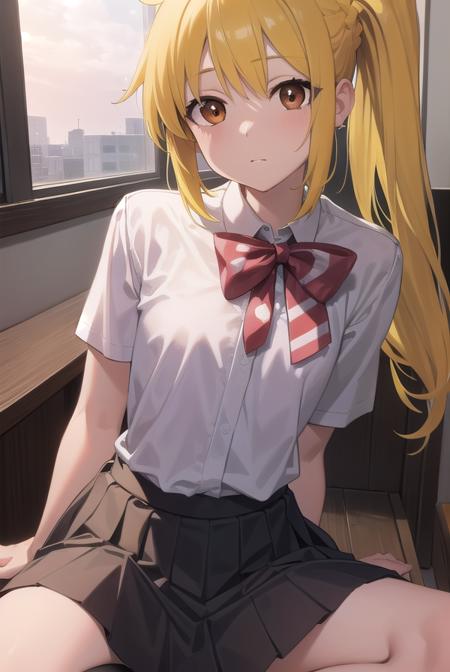 nijikaijichi, <lora:nijikaijichitest:1>, nijika ijichi, ahoge, (yellow hair:1.5), (brown eyes:1.7), long hair, one side up, (flat chest:1.2),
BREAK black skirt, bow, bowtie, collared shirt, pleated skirt, polka dot, polka dot bow, red bow, red bowtie, red footwear, shirt, shoes, short sleeves, skirt, socks, white shirt, white socks,
BREAK looking at viewer,
BREAK indoors, classroom,
BREAK <lora:GoodHands-vanilla:1>, (masterpiece:1.2), best quality, high resolution, unity 8k wallpaper, (illustration:0.8), (beautiful detailed eyes:1.6), extremely detailed face, perfect lighting, extremely detailed CG, (perfect hands, perfect anatomy),