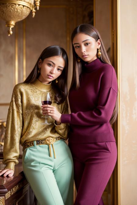 2girls, women sitting in a luxurious dark modern mansion wearing a sweater and comfortable pants, drinking wine, bright morning sunlight (Style-Luxury:1.3), (masterpiece:1.2) (photorealistic:1.2) (bokeh) (best quality) (detailed skin:1.3) (intricate details) (8k) (HDR) (analog film) (canon d5) (cinematic lighting) (sharp focus)