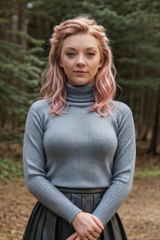 A woman with pink hair wearing a grey sweater and black skirt poses for a picture in a forest.