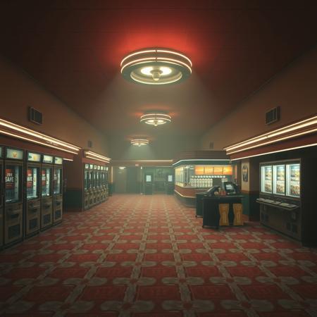 A liminal space inside the lobby of an empty movie theater, frozen in time. The dim neon lights cast a soft, buzzing glow over the faded red carpet, patterned with geometric designs worn down by decades of footsteps. The scent of stale popcorn and artificial butter lingers in the air, mixing with the faint hum of the soda machines, still running despite the absence of customers.
Rows of vacant ticket kiosks stand silent, their glass windows reflecting the flickering glow of the old marquee above. The concession stand, once bustling with life, is now eerily still—popcorn bags stacked neatly, soda dispensers blinking idly, a lone cash register left slightly open. Cardboard cutouts of long-past movie releases stand in the corners, their smiling faces and bold taglines frozen in a moment that no longer exists.
A hallway leading to the darkened auditoriums looms in the distance, its entrance swallowed in shadow. The only sound is the distant crackle of an unattended speaker, playing the looping jingle of the theater chain’s advertisement. This place feels like a memory you can’t place, an in-between moment where time has stalled—an echo of countless nights spent here, but now, you're alone.