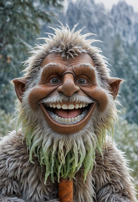 Close up portrait of a smiling Yeti with Biological Characteristics: thick fur, Big smile, white teeth, Shaggy fur, Earthy tones, Furry ears, 2 feet tall, Chomping on a carrot stick, Himalayan mountains, Glowing mist, Fantasy Elements: sparkling icicles, Style: whimsical, Color Palette: muted greens and browns, Mood: serene, Lighting: soft sunlight, Perspective/Composition: eye-level, Background Elements: snowy peaks, Interactive Elements: none, Emotional Response: calm. <lora:big_smile_sdxl_v1:1>